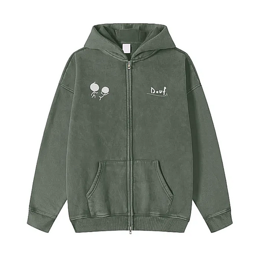 ACID WASHED DOUBLE ZIP HOODIE GREEN - Douf